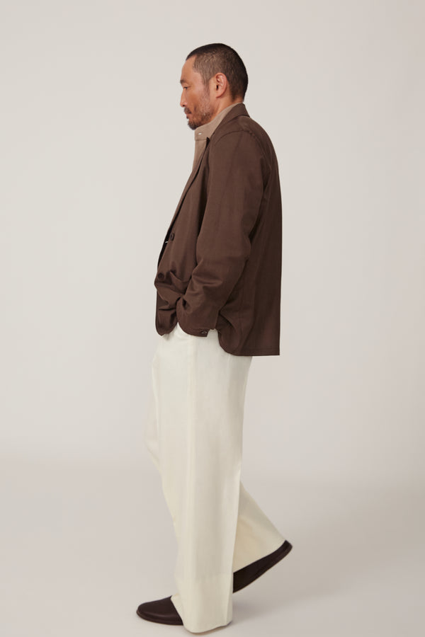 Double Breasted Shirt Jacket (Chocolate Wool Linen Slub) - Stoffa