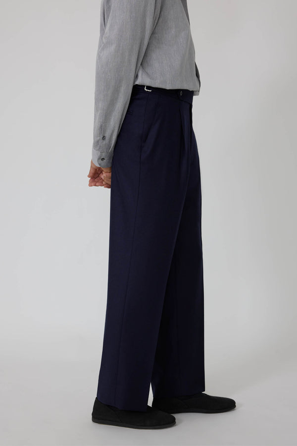 Single Pleat Trouser (Navy Wool Cashmere Flannel) - Stoffa