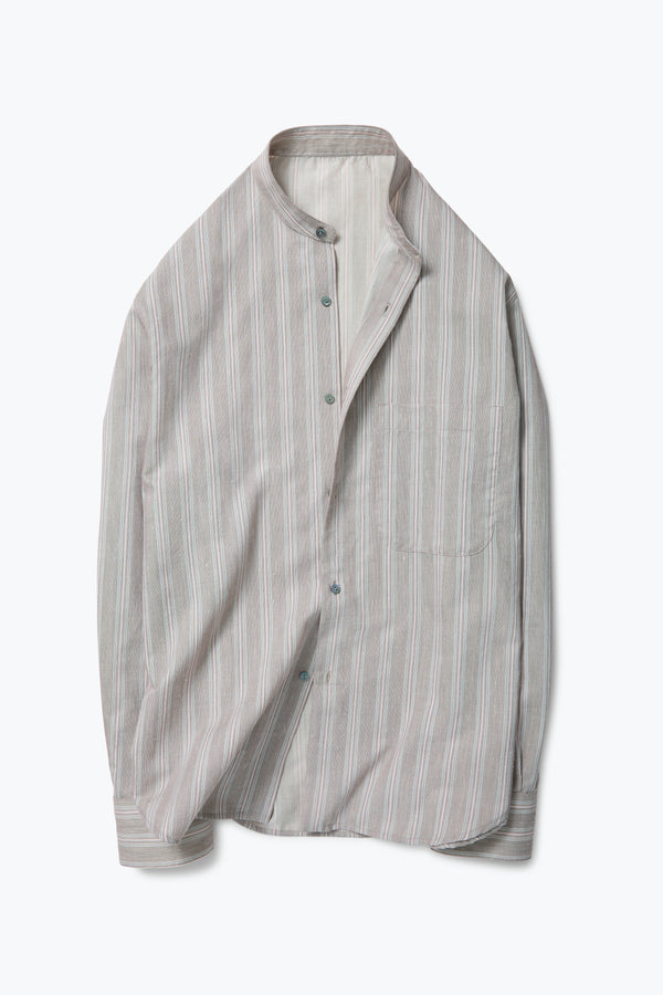 Band Collar Shirt (Walnut Multi Stripe Cotton Silk Slub) - Stoffa