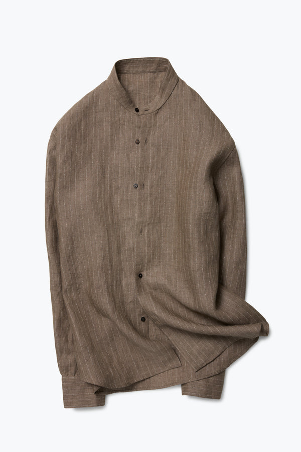 Band Collar Shirt (Brown Deco Stripe Linen) - Stoffa