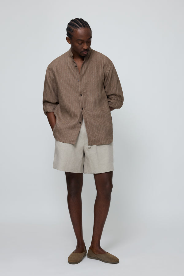 Band Collar Shirt (Brown Deco Stripe Linen) - Stoffa