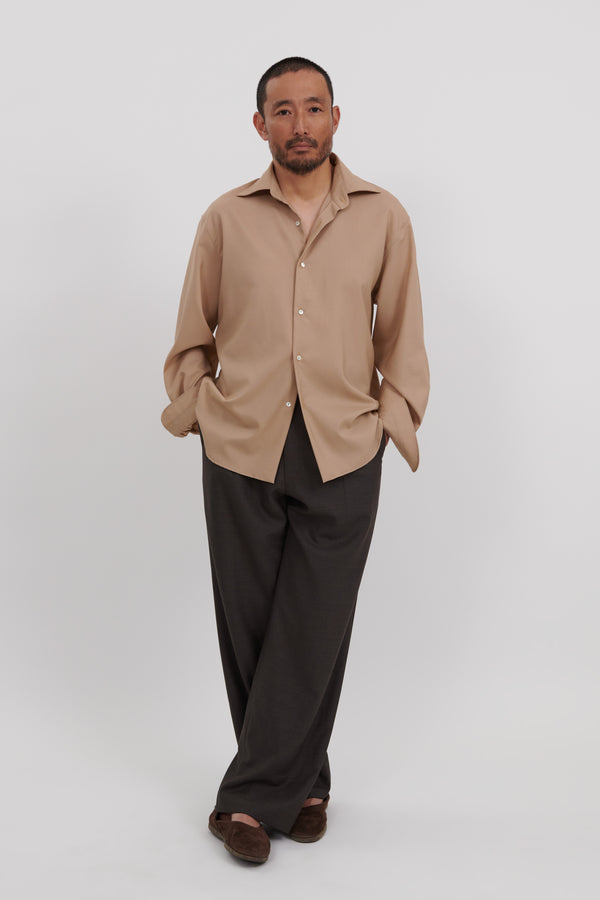 Spread Collar Shirt (Wheat Wool Plain Weave)