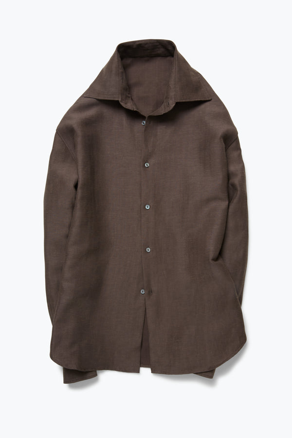 Spread Collar Shirt (Chocolate Wool Linen Herringbone)