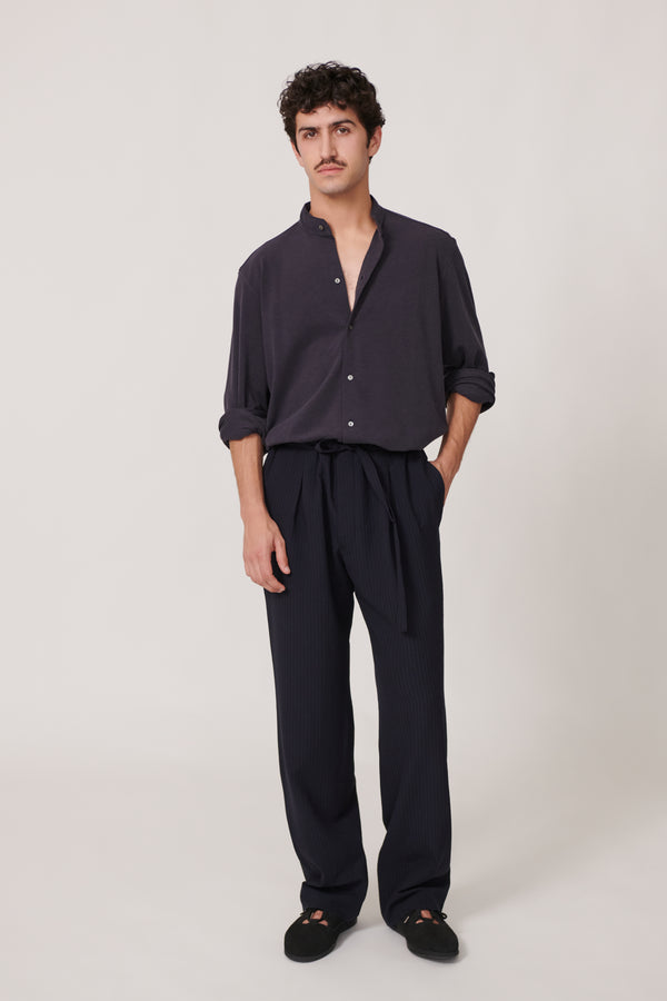 Band Collar Shirt (Navy Cotton Silk Pique) - Stoffa