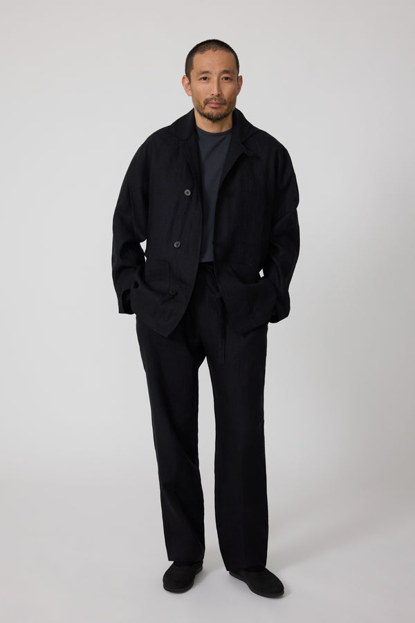 【outil】EX BLACK INDIGO LINEN WORK JACKET 30's] French Vintage Black Indigo Linen Double Breasted Work