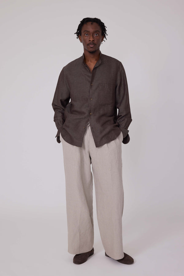 Band Collar Shirt (Chocolate Linen Wool Silk Birdseye) - Stoffa