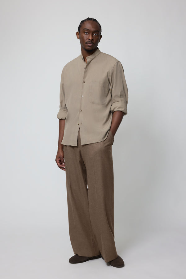 Band Collar Shirt (Taupe Brushed Silk Cotton Linen) - Stoffa