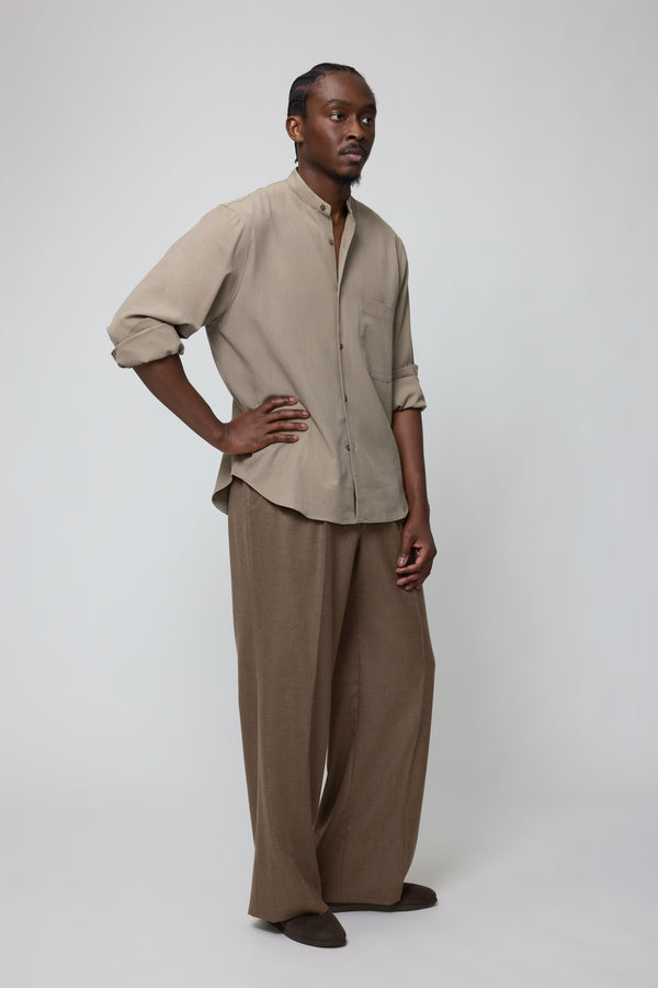 Band Collar Shirt (Taupe Brushed Silk Cotton Linen) - Stoffa