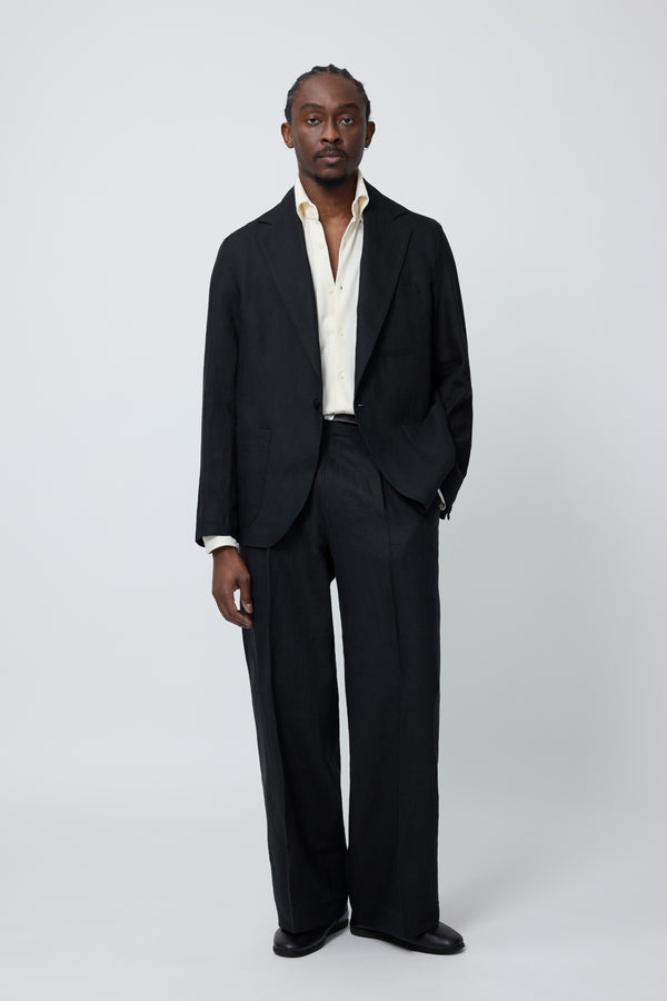 Single Breasted Shirt Jacket (Black Washed Linen) - Stoffa