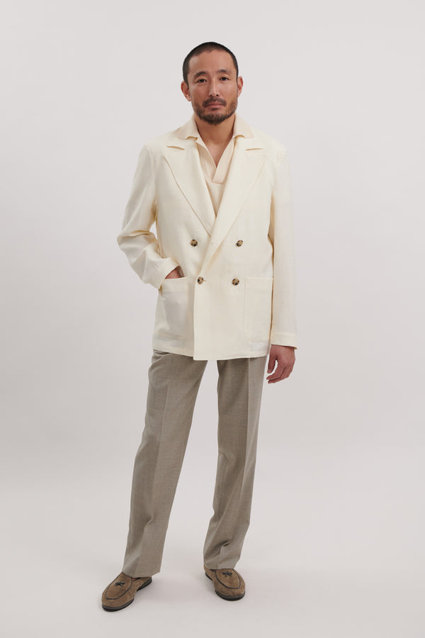 Double Breasted Shirt Jacket (Ivory Washed Linen) - Stoffa