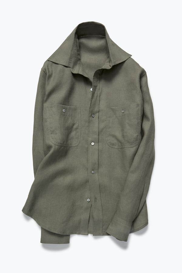 リネン 割烹着 Linen(washer)100% _BlueGray Print V-Neck Pleated Kelly Blouse
