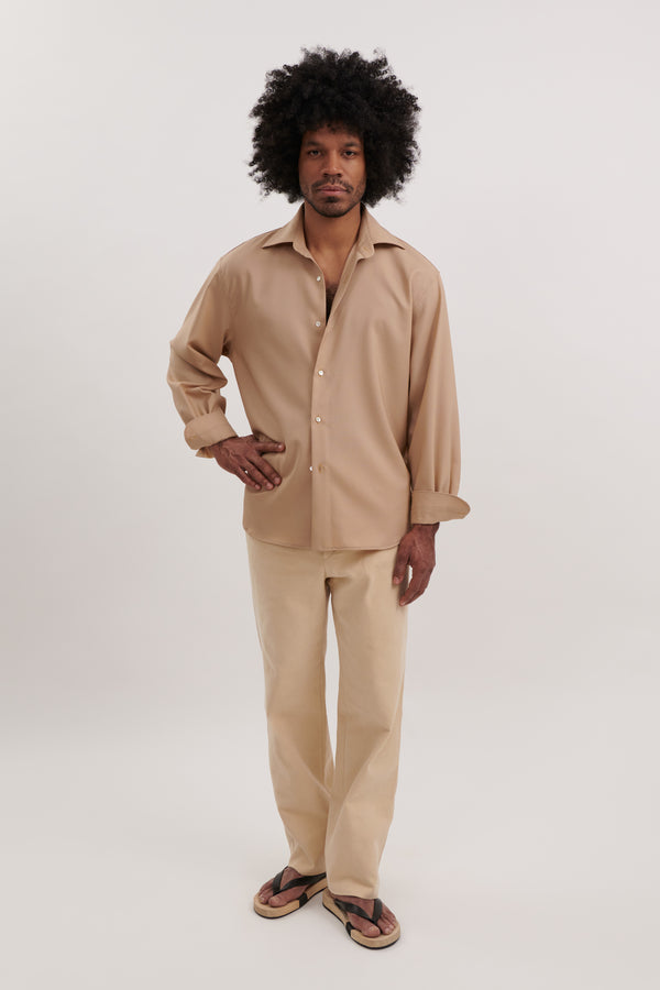 Spread Collar Shirt (Wheat Wool Plain Weave) - Stoffa