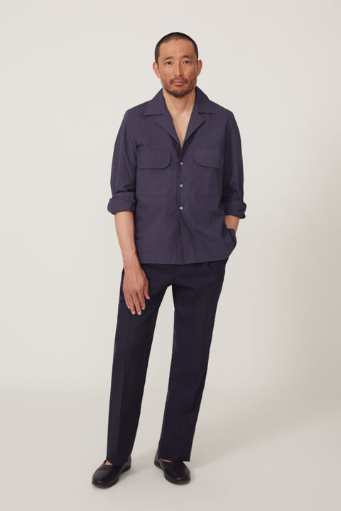 Long Sleeve Camp Shirt (Dark Indigo Cotton Poplin) - Stoffa