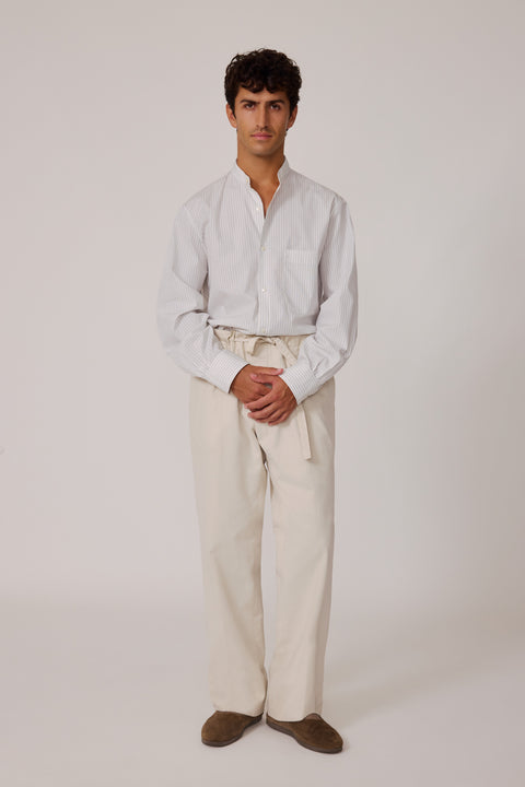 Band Collar Shirt (Pearl Dégradé Stripe Fine Cotton Twill) - Stoffa