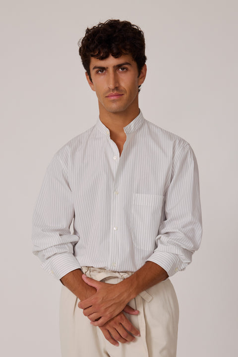 Band Collar Shirt (Pearl Dégradé Stripe Fine Cotton Twill) - Stoffa