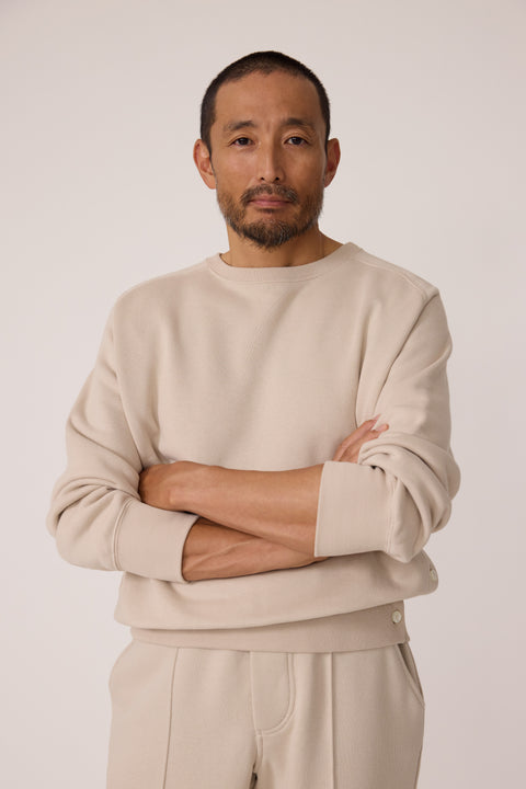 Side Button Crewneck Sweatshirt (Bone Cotton Terry) - Stoffa