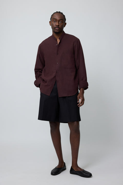 Band Collar Shirt (Wine Slub Linen Silk Twill)
