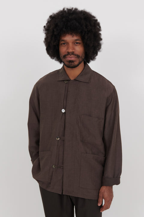 Work Jacket (Chocolate Wool Linen Herringbone) - Stoffa