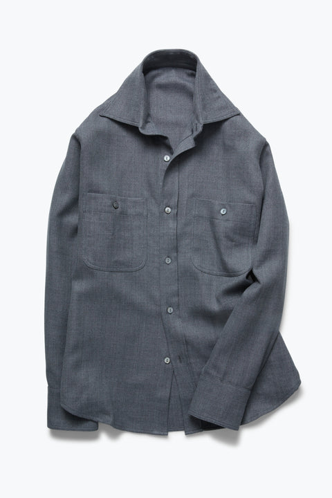 トップス COMOLI WOOL SILK WORK SHIRT 2 COMOLI Wool silk Short Sleeved Open Collar Shirt , Navy – Navyblue