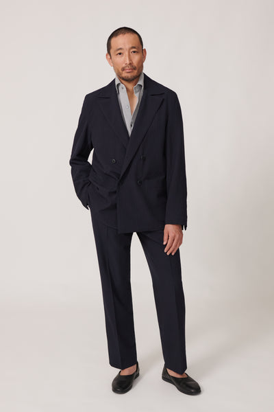 Double Breasted Shirt Jacket (Navy Wool Seersucker) - Stoffa