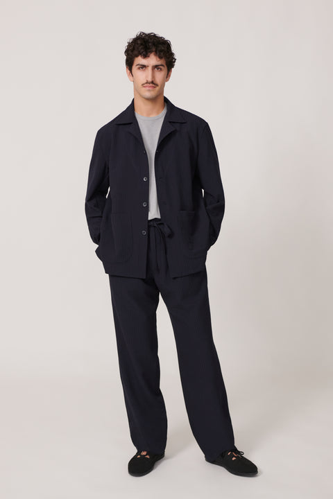 Lounge Jacket (Navy Wool Seersucker) - Stoffa