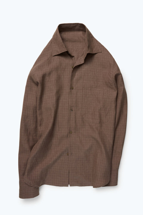 Spread Collar Shirt (Brown Linen Wool Silk Deco Check) - Stoffa