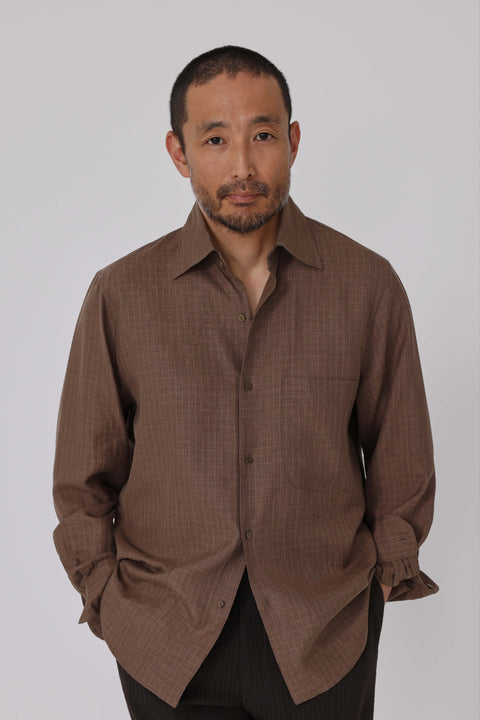 Spread Collar Shirt (Brown Linen Wool Silk Deco Check) - Stoffa