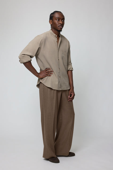 Band Collar Shirt (Taupe Brushed Silk Cotton Linen) - Stoffa