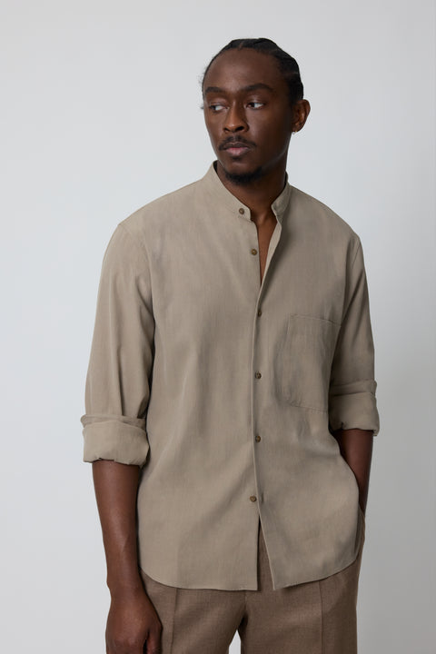 Band Collar Shirt (Taupe Brushed Silk Cotton Linen) - Stoffa