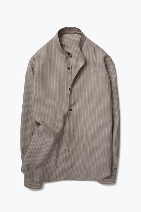 Band Collar Shirt (Taupe with Walnut Stripe Wool Linen Twill) - Stoffa