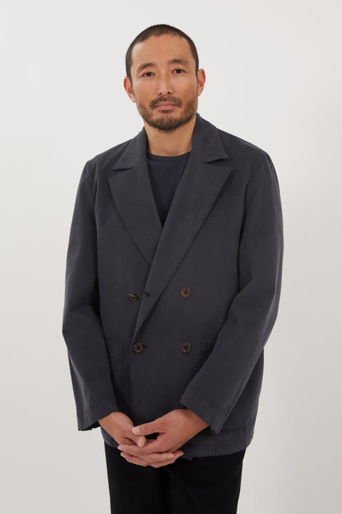 Double Breasted Shirt Jacket (Dark Indigo Peached Cotton)