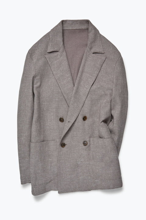 Double Breasted Shirt Jacket (Taupe Wool Linen Silk Basketweave) - Stoffa