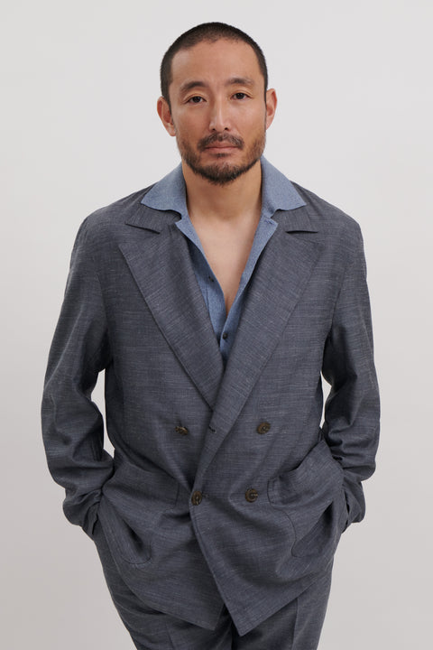 Double Breasted Shirt Jacket (Slate Wool Silk Linen Plain Weave)