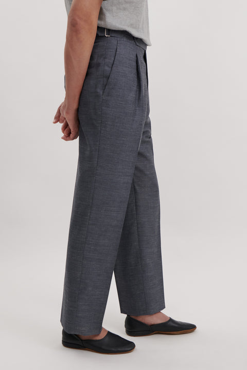 Single Pleat Trouser (Slate Wool Silk Linen Plain Weave)