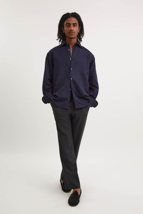 Spread Collar Shirt (Navy Slub Linen Silk Twill)